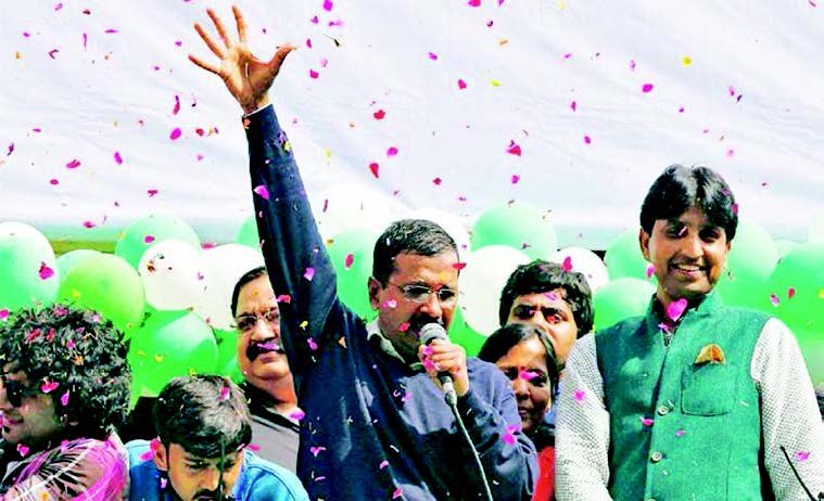 Arvind Kejriwal at a victory rally soon after the AAP got a landslide victory in Delhi elections, with 67 out of 70 seats.