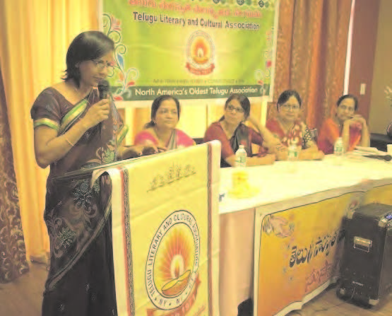 President Raji Kuncham welcoming all to the First TLCA Women's Forum Health Initiative. Panelists: (Right to left) Dr. Tulasi Polavarapu, Dr. Shalini Patcha, Dr. Sridevi Bhumi & Dr. Sailaja Kalva.