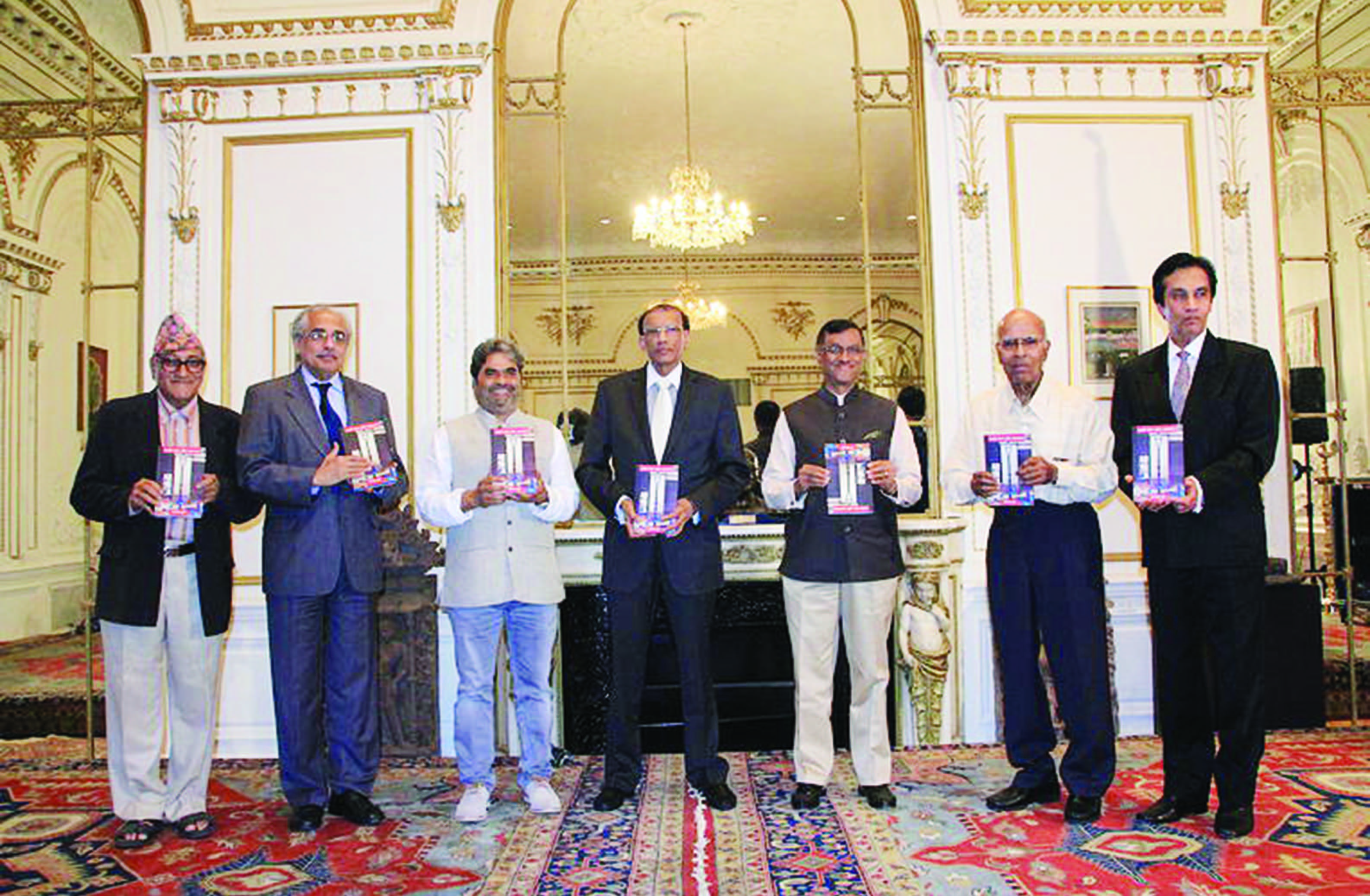 At the book release. From L to R: Mohan Agase, Vijay Nambiar, Vishal Bharadwaj, H.R. Shah, Ambassador Mulay, Dr. Jayraman, Dr. Navin Mehta