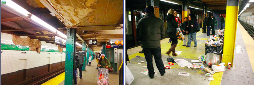Two pictures of the dirty subway train stations. Can MTA chief justify this filth and dirtiness in the capital of the world?  