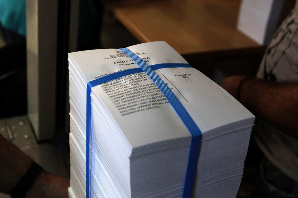 Ballot papers for the July 5 referendum are prepared at the state printing office in Athens on Tuesday.