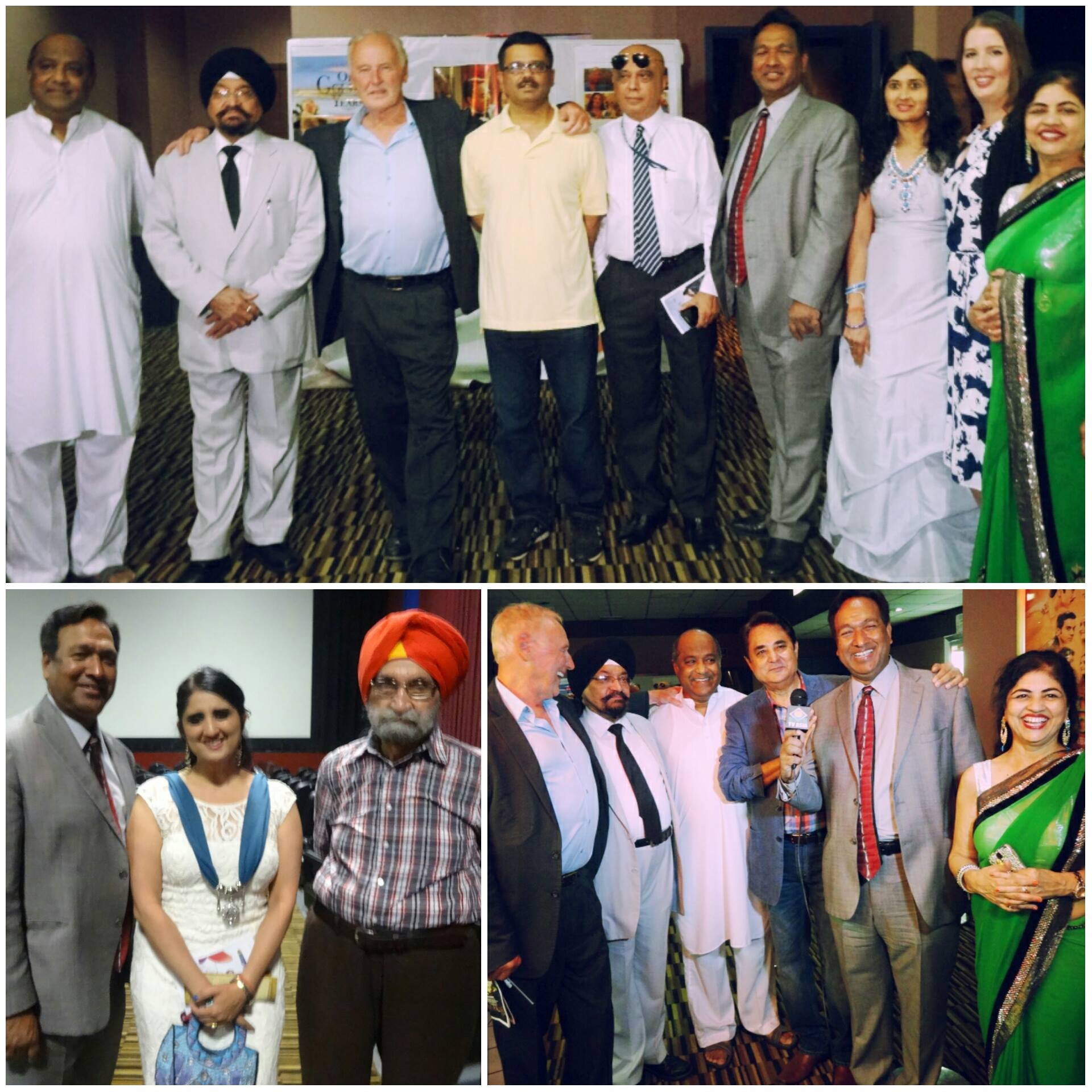 At the Washington area premiere of the film, 'On Golden Years' , Sunday, July 19, 2015. Top L to R: Producer Iggy Ignatius, actor Indrajit Singh Saluja, actor Reeves Lehmann, Journalists Lalit Jha and Tejinder Singh, Director Tirlok Malik, Gauri Singh Puri, Makeup artist Christina Smith, and actress Indu Gajwani. Below left: Actress Jyoti Singh is flanked by director Tirlok Malik (left) and her father Mr. Manmohan Singh Puri. Below right, from L to R: Reeves Lehmann, Professor Indrajit Singh Saluja, Iggy Ignatius, Noor Naghmi, Tirlok Malik and Indu Gajwani