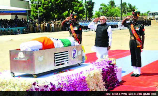 Prime Minister Modi salutes the dear departed "People's President" APJ Abdul Kalam, as the body draped in Triclor is about to be taken for burial