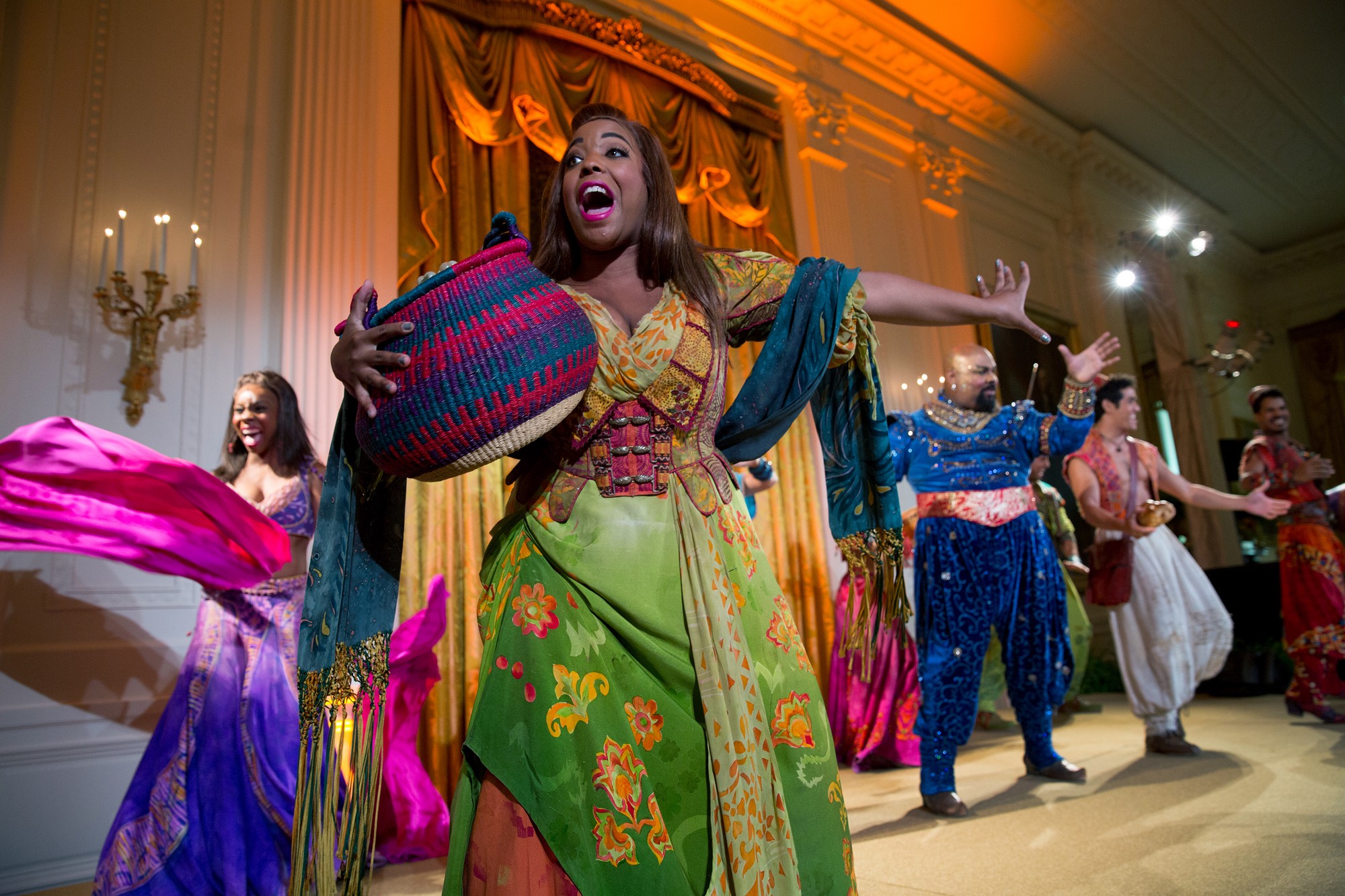 The cast of Disney’s “Aladdin” performs following dinner. (Official White House Photo by Lawrence Jackson)