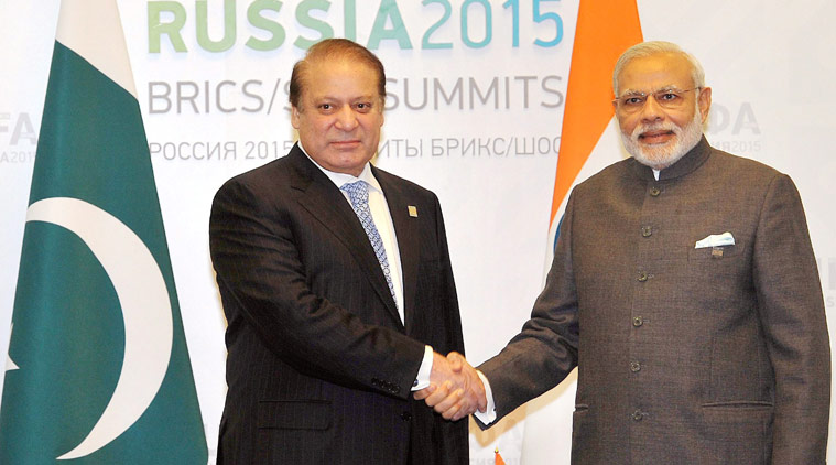 Prime Minister of India Narendra Modi shakes hands with his Pakistani Counterpart Nawaz Sharif during a meeting at UFA in Russia on Friday, July 10. (Photo courtesy PTI)