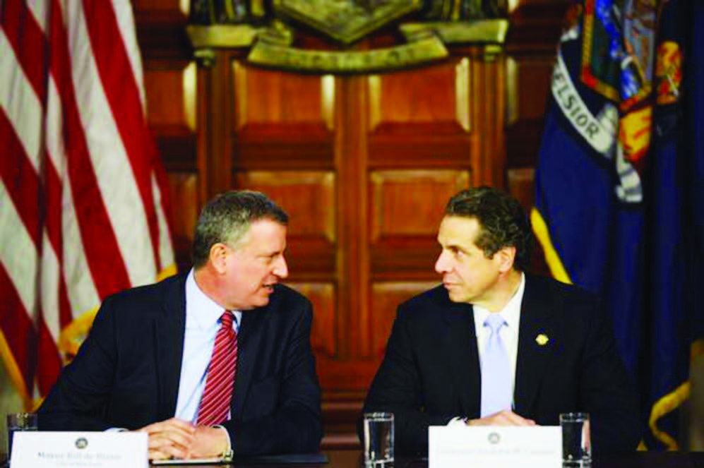 Andrew Cuomo and Bill de Blasio at a joint press conference in Albany. (Photo: Twitter/NYC Mayor's Office)