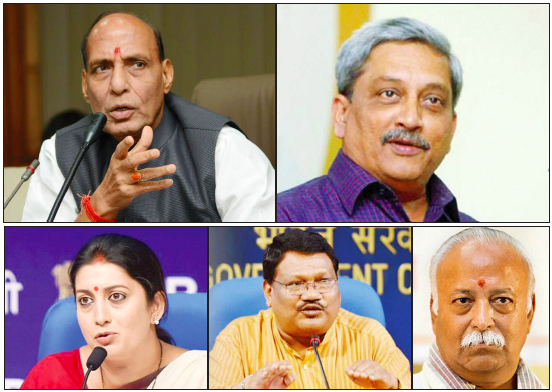 On the second day of the tree-day RSS-BJP meet, September 3, Union Ministers Rajnath Singh (Home), Manohar Parikkar (Defence), Smriti Irani (Human Resource Development), Jual Oram (Tribal Affairs) spoke to 93 delegates, including RSS chief Mohan Bhagwat (Extreme right), about the challenges being faced by their Ministries.