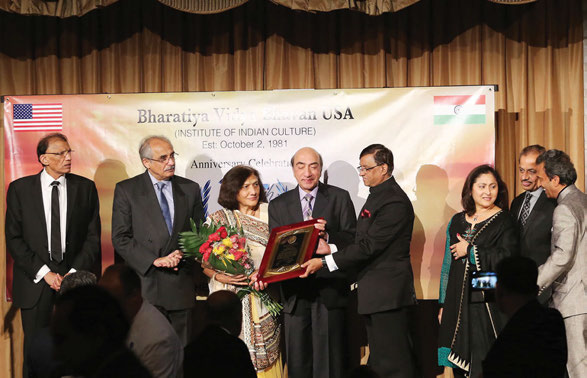 Mr. Harishchandra Mistry Honored: L to R : H. R. Shah, Ambassador Vijay Nambiar, Mrs. And Mr. Harishchandra Mistry, Ambassador Dnyaneshwar Mulay, Mrs. Damini and Mr. Girish Soni and Mr. Kenny Desai