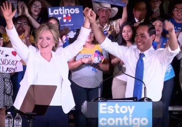 Hillary Clinton makes her first visit to Texas ahead of the 2016 Democratic primary, receiving endorsements from San Antonio’s Joaquin Castro and, pictured here, Julián Castro. Photo courtesy Clinton campaign/YouTube