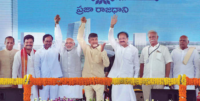 PM Modi with Chief Ministers of AP and Telangana N Chandrababu Naidu and K Chandrasekhar Rao | Photo/ SnapsIndia