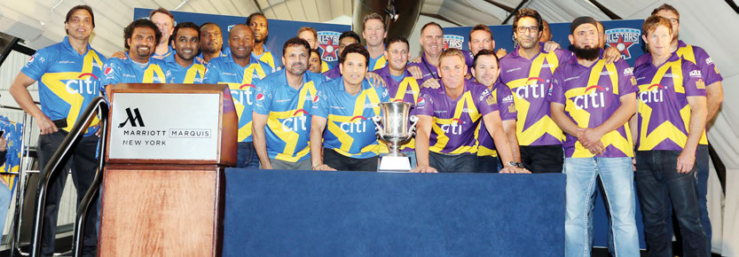 Sachin Tandulkar and Shane Warne teams with the All Stars Cricket Cup at a press Conference on November 5, 2015 in New York City. The Series kicks off with a match to be played in New York on November 7. Photo/ Mohammed Jaffer-SnapsIndia