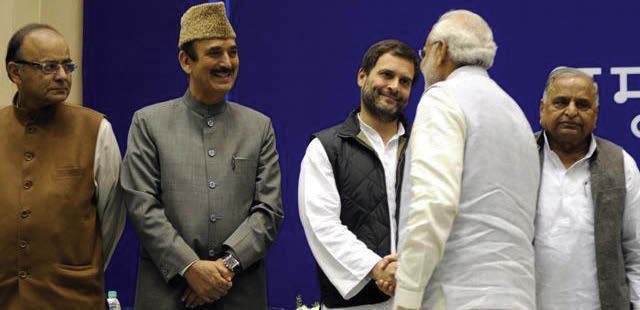 Modi shared dais with Sonia Congress vice president Rahul Gandhi shaking hands with Prime Minister Modi at a function in New Delhi to felicitate NCP leader Sharad Pawar on his 75th birthday on Thursday, December 10, 2015.