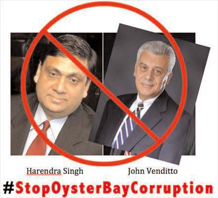 The picture shows indicted contractor Harendra Singh and Town of Oyster Bay Supervisor John Venditto, with a call to end corruption in Oyster Bay Photo/ Courtesy Democracy.com