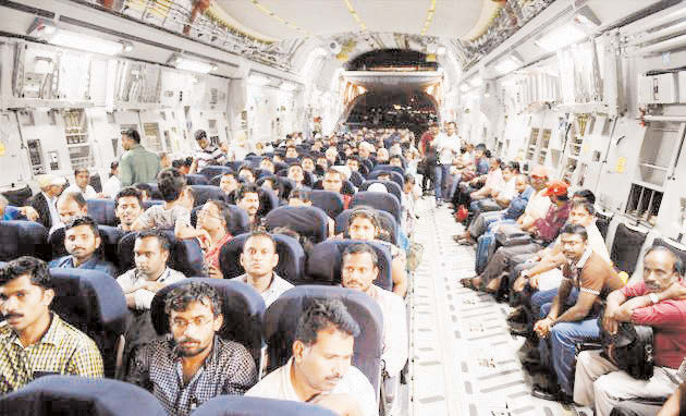 AIRLIFT: "Whatever you might think of the Indian government, when it comes to expatriate citi-zens in conflict zones, our diplomats go to great extents to ensure their safety." Picture shows Indian nationals stranded in Yemen being evacuated from Djibouti on board an Indian Air Force aircraft. (Photo courtesy PTI)