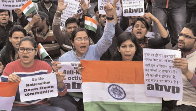 Students of ABVP protest against communism at JNU Campus, in New Delhi, India on Thursday, February 11.