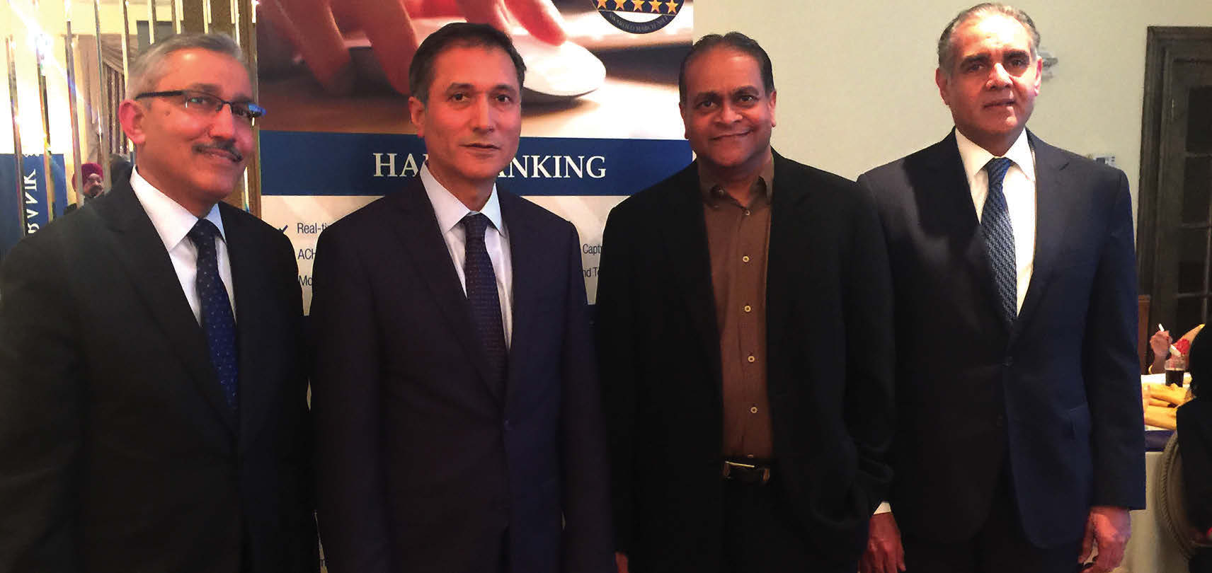 HAB bank officials and Mr. KK Mehta at the event. From L to R: Rizwan Qureshi SEVP HAB Bank, Saleem Iqbal, President HAB Bank, K.K. Mehta, Senior President & Partner KK Mehta CPA PLLC and Zilay Wahidy, EVP HAB Bank.