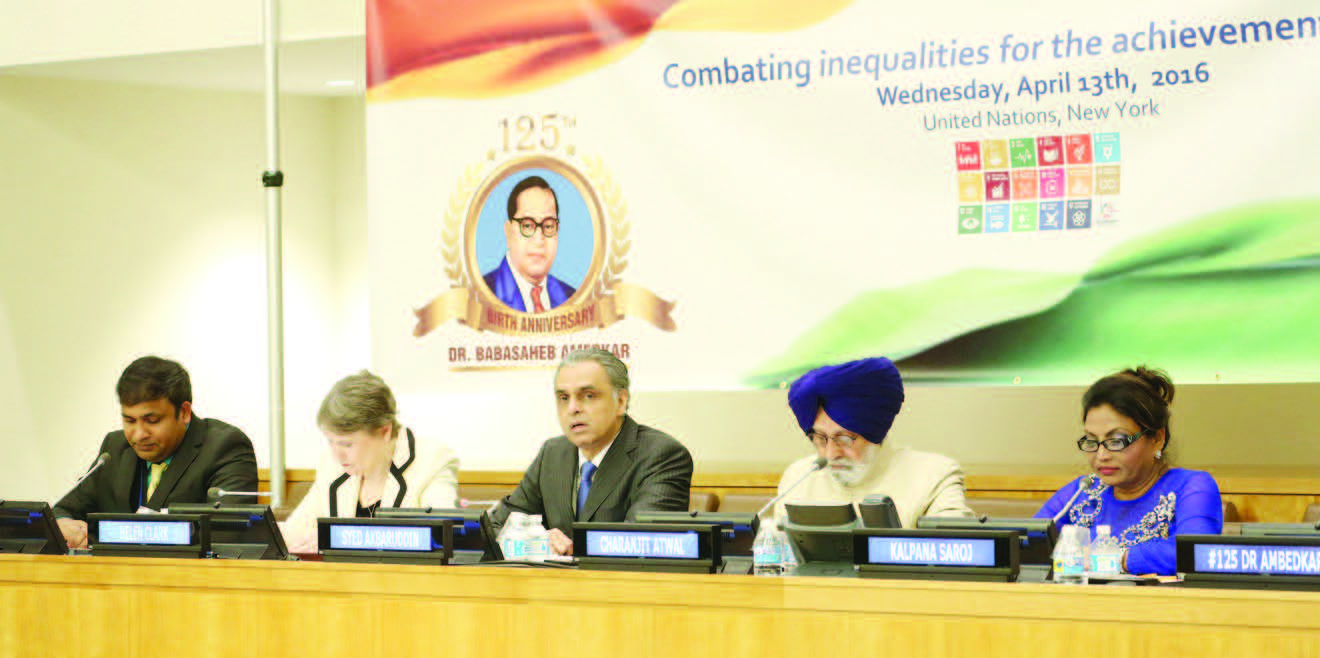 125th Birth Anniversary of Dr. B. R. Ambedkar Punjab Speaker Charanjit Atwaladdresses. Seen in the picture, from L to R: Deelip Mhaske, Helen Clark, Syed Akbaruddin, Charanjit Atwal, Kalpana Saroj - Photo/ Mohammed Jaffer - SnapsIndia