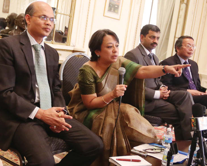 Consul General Riva Ganguly Das takes questions from media persons. To her right is DCG Manoj Mohapatra Photo/ Mohammed Jaffer-SnapsIndia