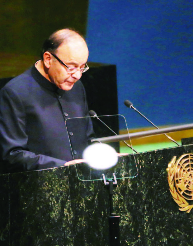 India's Finance MinisterArun Jaitley speaking at the United Nations General Assembly on April 19