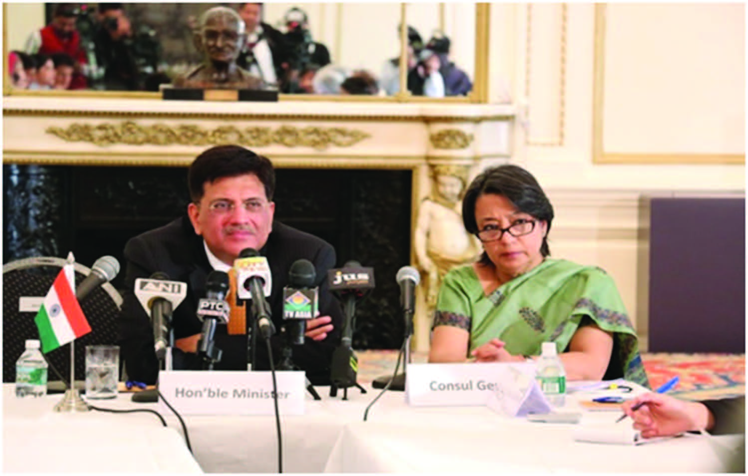 Minister spoke about various steps undertaken by Indian Government to improve energy access at a meeting with local media at the Indian Consulate on April 21. Seated with the Minister is Consul General Riva Ganguly Das