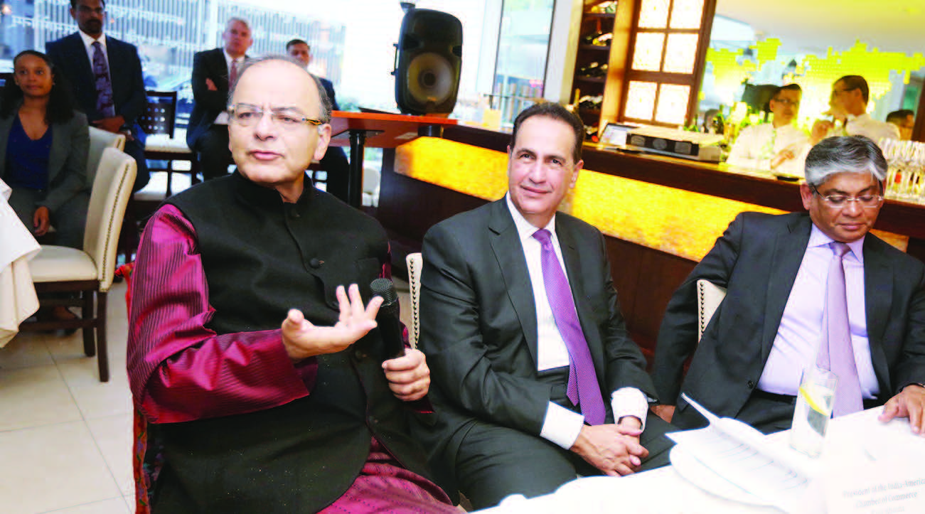 Mr. Arun Jaitley answering a question. From L to R: Arun Jaitley, Rajiv Khanna, and India's Ambassador to the US Arun Singh - Photo/ Mohammed Jaffer-SnapsIndia