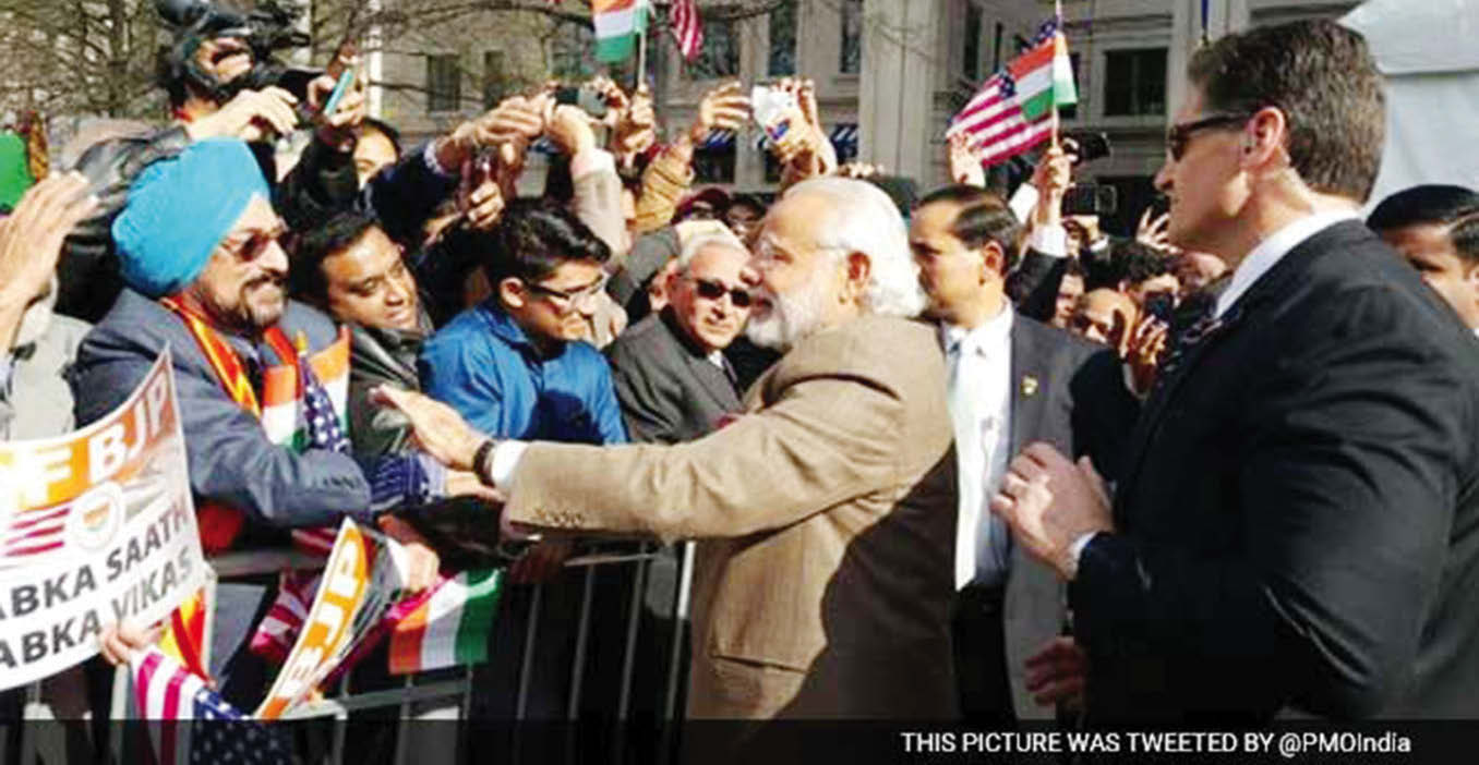 Prime Minister Narendra Modi is greeted by the Indian American community in Washington, March 31