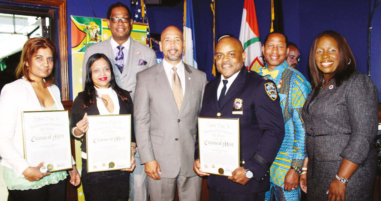 Present on the occasion of Guyanese Independence celebrations (L to R): Salvina Vanessa Baijnauth, Ridgewood Savings Bank; Indroutie Lutchman, Cohn and Wolfe Public Relations; Brooklyn Council Member Robert Corgney Jr.; Bronx Borough President Ruben Diaz Jr.; Inspector Steven Griffith, NYPD, Community Outreach Division; Council Members Andy King and Vanessa Gibson.