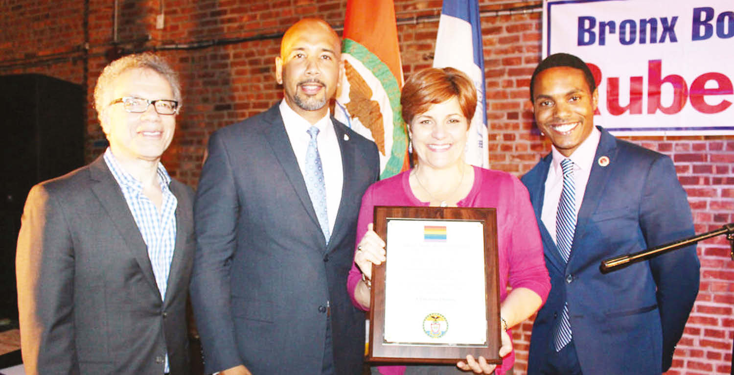 (L to R): Council Member James Vacca, Bronx Borough President Ruben Diaz Jr., Christine Quinn, Council Member Ritchie Torres.