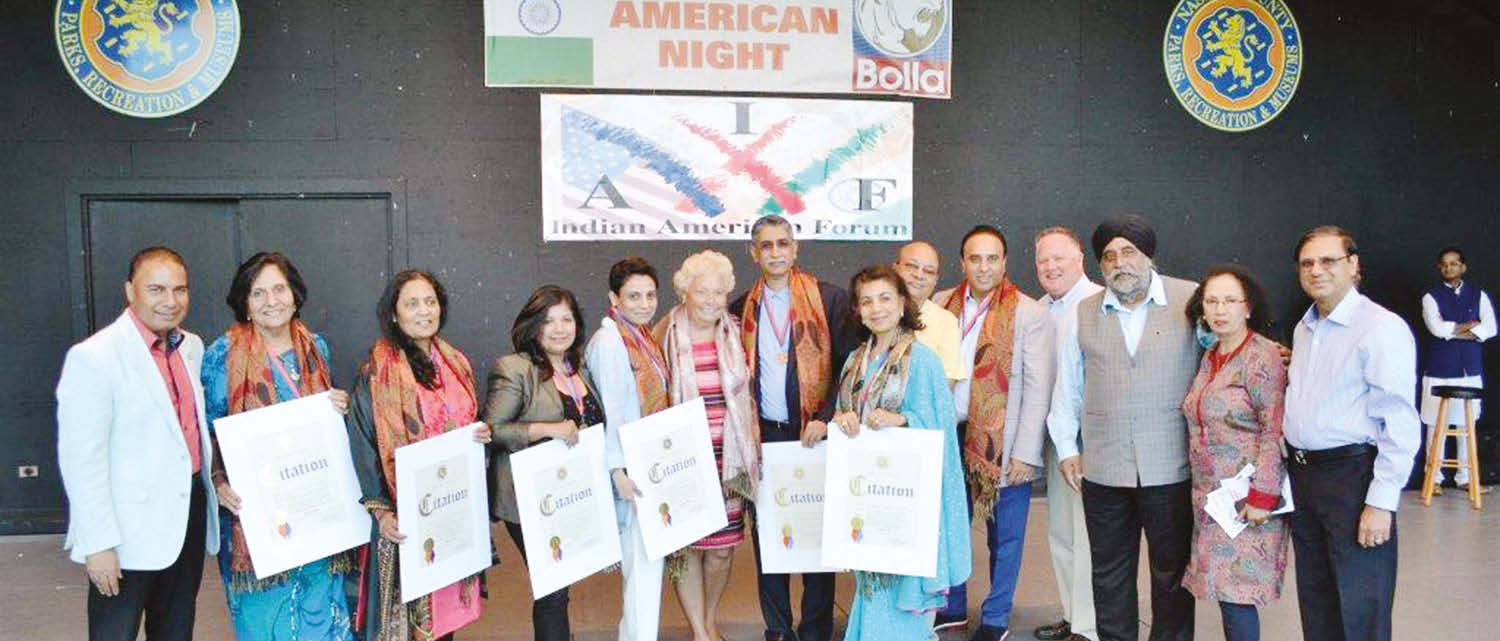 Recipients of Nassau County Awards with organizers and guests. L to R: Bobby Kumar Kalotee, Kusum Gupta, Trustee Vedic Heritage, Beena Kothari, President IALI, Nishi Bahl, President Panache Entertainment, Sangeeta Bahl, President Rotary Sunrise Jericho, Legislator Rose Marie Walker, Dr Arunabh Talwar, Pulmonologist, North shore University Hospital, Neelam Modi, Cultural Chair IALI, Vijay Goswamy Board Member IAF, , grand sponsor and Honoree Harry Singh, President BOLLA OIL CORP, Nassau County Parks Commissioner Brian Nugent, Mohinder Singh Taneja Board of Trustee, Indu Jaiswal, Chairperson. Gobind Munjal,Co-Chair