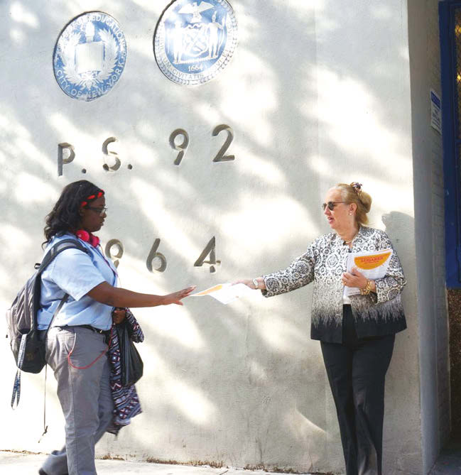 Manhattan Borough President Gale Brewer distributes flyers at PS 92