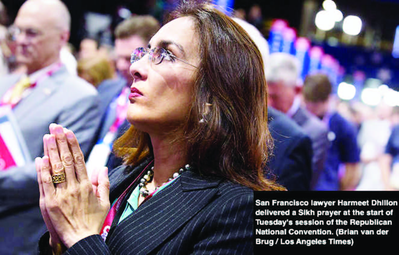 Harmeet Dhillon, vice chairwoman of the California Republican Party, delivered the Sikh prayer on the national stage in Punjabi and then translated it into English.