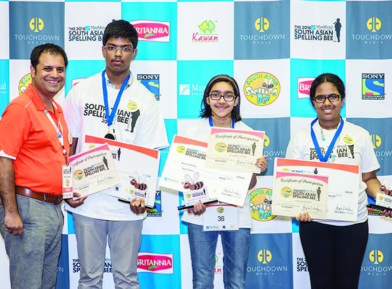 New Jersey Winners (Left to Right): Rahul Walia, founder of The MassMutual South Asian Spelling Bee, Christy Jestin, first runner-up, Shruthika Padhy, regional champ, and Roshni Kainthan, second runner-up.