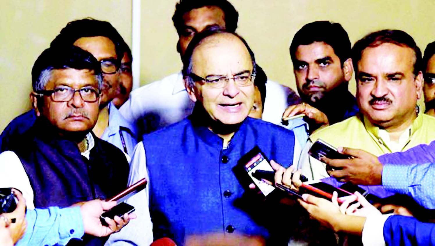 Finance Minister Arun Jaitley addressing a press conference at Parliament House after the goods and services tax bill was passed by the Rajya Sabha in New Delhi on August 3. Photo courtesy PTI