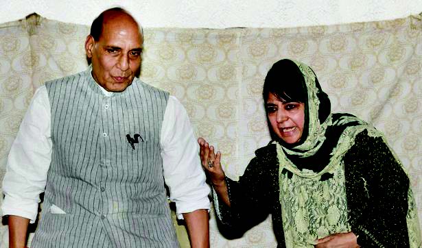 Union home minister Rajnath Singh and Jammu and Kashmir chief minister Mehbooba Mufti interact with media during a press conference in Srinagar. Photo courtesy: PTI