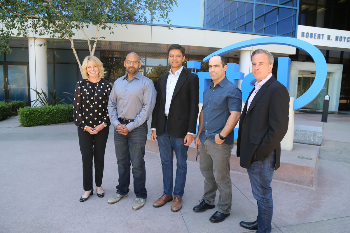 Intel has announced it has acquired San Diego, Calif.-based Nervana Systems for $400 million. Pictured (left to right) are Intel Data Center Group VP and GM Diane Bryant, Nervana co-founders Naveen Rao, Arjun Bansal and Amir Khosrowshaki; as well as Intel vice president Jason Waxman. (Intel photo)