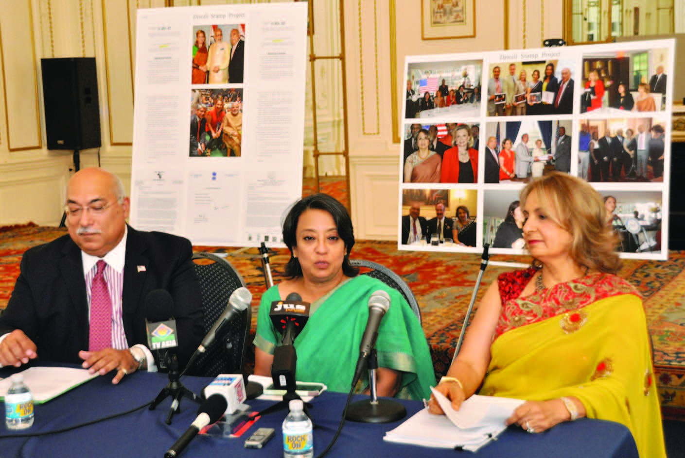 Consul General of India in New York, Riva Ganguly Das (center) addresses mediapersons at the press conference to announce the arrangements for the unveiling of the Diwali Commemorative stamp, September 21. Ranju Batra, Chair of the Diwali Stamp Project is to her left and, to her right is Ravi Batra - Photo/ Vijay Shah
