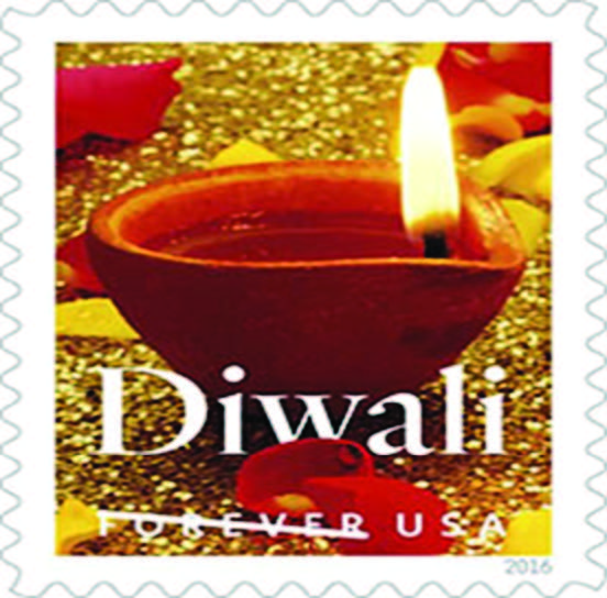 The Diwali Stamp. The Diya is photographed by Sally Andersen-Bruce of New Milford, CT and the stamp has been designed by Greg Breeding of Charlottesville, VA while William J. Gicker of Washington, DC is the project's art director. Photo / courtesy USPS