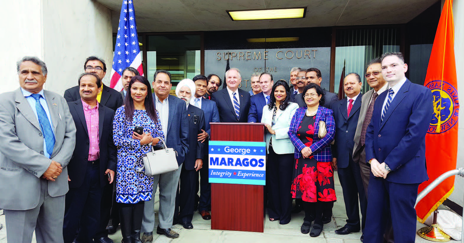 George Maragos with community leaders by his side announced to press, September 29 that he had changed his party registration to Democrat