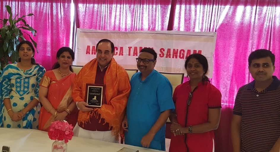 Secretary Soumya Murthy, Vice President Jaya Sundaranm, Dr. Subramanian Swamy, Sangam President Prakash M Swamy, Executive VP Calai Chandra and Treasurer Saravana Kumar.