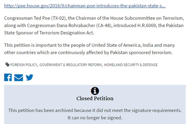 Online Petition to Declare Pakistan a Terrorist State Shut Down