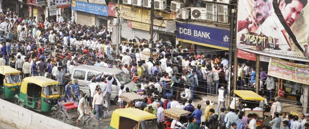 Long lines of common people in front of banks all over the countryto get the demonetized bills exchanged are a common sight. At many places scuffles broke out resulting in serious injuries to people. One such scene in Delhi, India's capital, November 14