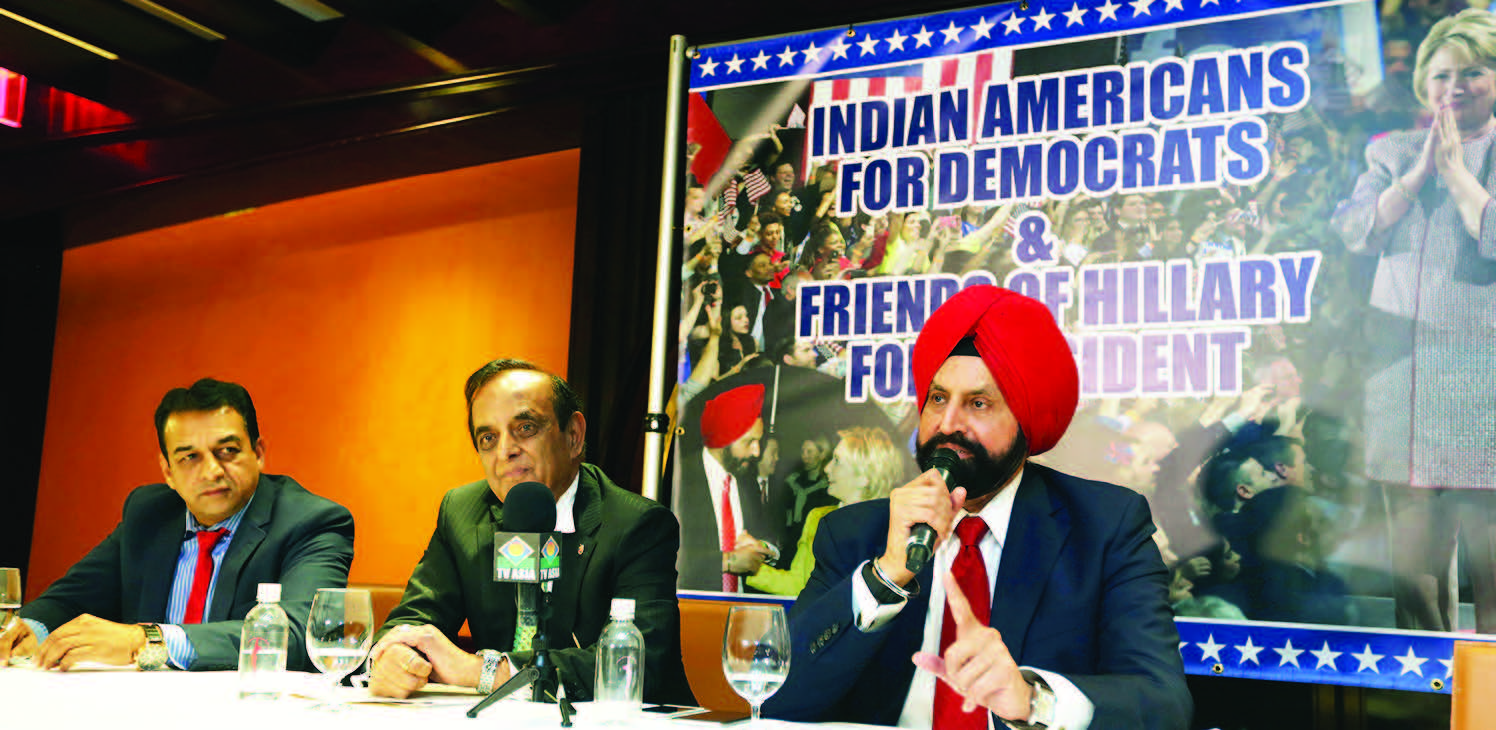 Sant Chatwal, Chairman , Indian American Democrats & Friends of Hillary appeals for collective vote at a press conference held at The Chatwal Hotel in Manhattan on 2nd November, 2016. Seen from L to R:Mike Patel, hotelier and former commissioner in President Clinton's White House Initiative on Asian Americans and Pacific Islanders, Dr Bhupi Patel, former chief of medicine at Mount Sinai Hospital, Queens, and Sant Chatwal