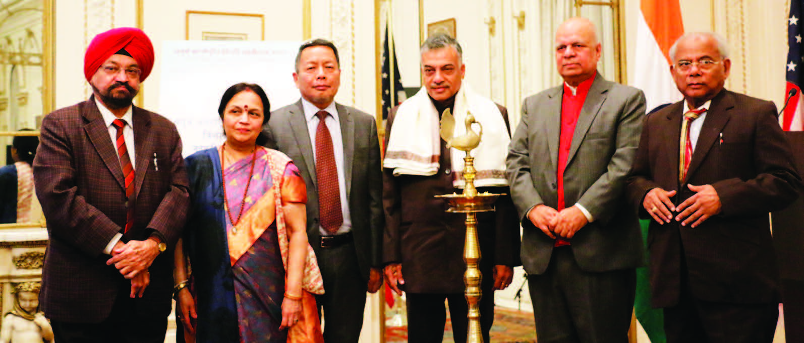 A lamp was lighted to inaugurate the kick off at the Indian Consulate. Seen in the picture, from L to R: The Indian Panorama EditorProf. Indrajit Saluja, Mrs. Purnima Desai, Vice Chair,Hindi Sangam Foundation,L. T. Ngaithe, Head of Chancery at the Indian Consulate who presided over the kick off,Padma Bhushan Dr. Lakshmi Prasad Yarlagadda, Chairman of the Organizing Committee of the conference, Ashok Ojha, chief coordinator and president of Hindi Sangam Foundation,Dr. Bijoy Mehta, Chairman, Hindi Sangam Foundation