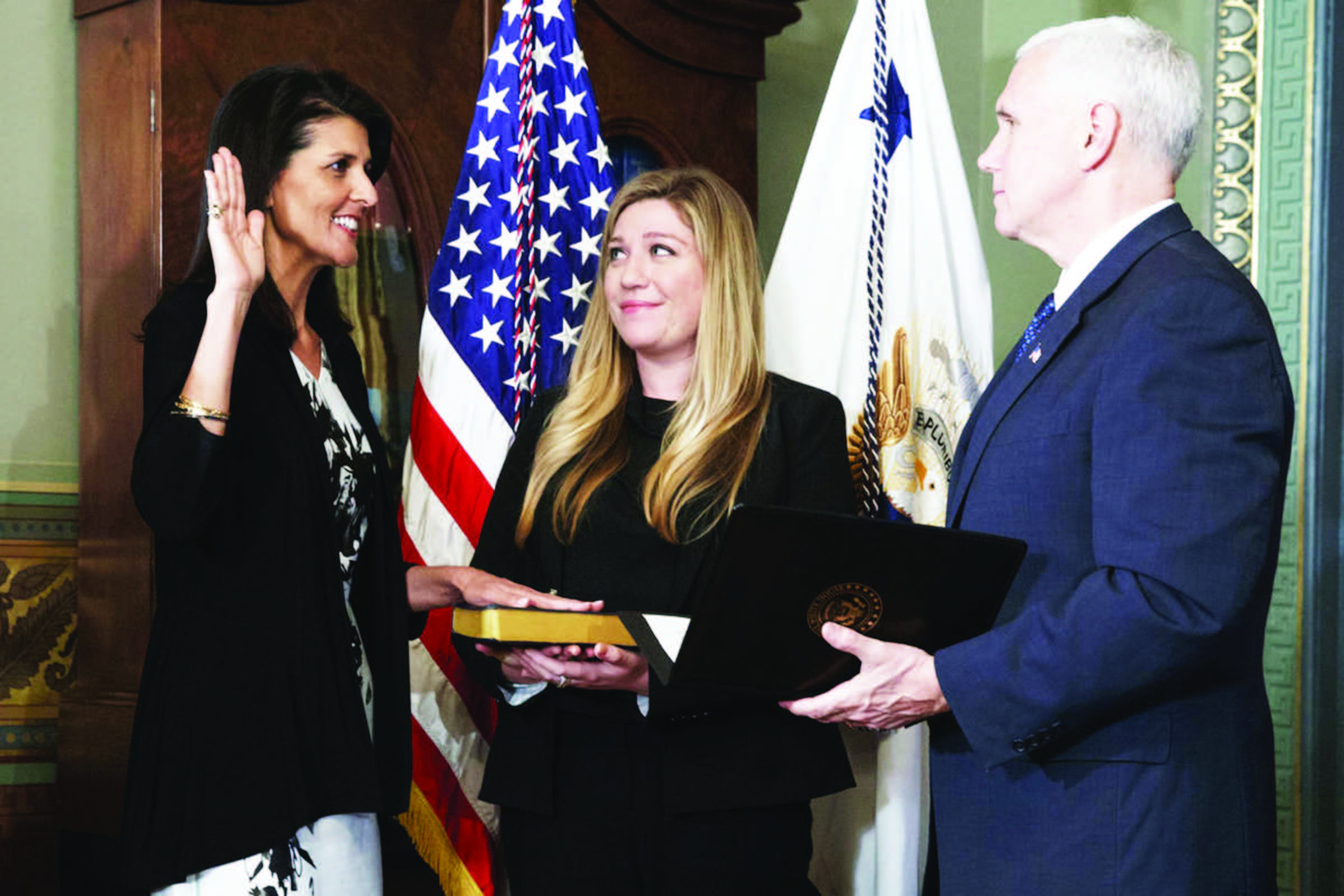 Former South Carolina Gov. Nikki Haley is being sworn in as the US ambassador to the United Nations by US Vice President Mike Pence, January 25, 2017