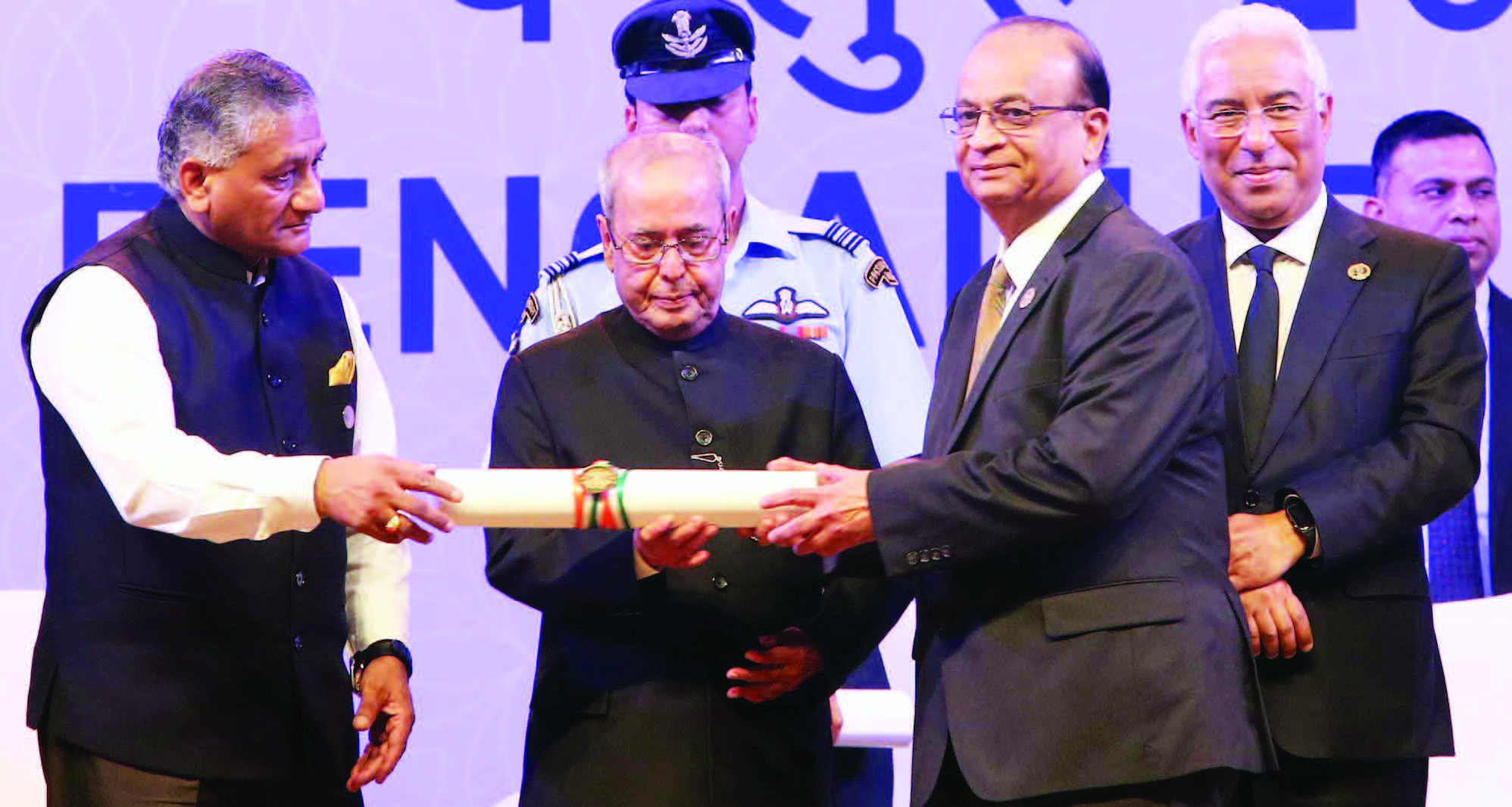 Dr. Bharat Barai of Chicago receiving the Pravasi Bharatiya Samman from President of India. Seen from L to R: General VK Singh, Minister of State for External affairs, President Pranab Mukherjee, Dr. Bharat Barai and Luiss da Costa, Prime Minister of Portugal who was also conferred the honor. Photo / Jay Mandal on assignment