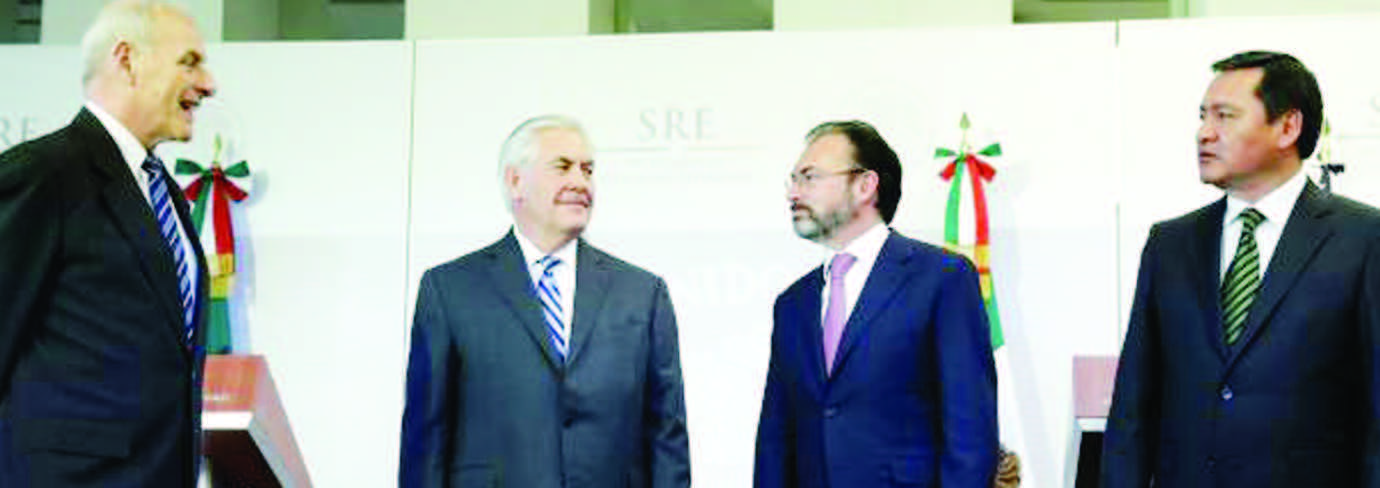 U.S. Secretary of State Rex Tillerson (middle left) and Mexican Foreign Minister Luis Videgaray (middle right) are joined by Homeland Security Secretary John Kelly (L) and Mexican Secretary of State Miguel Angel Osorio (R) at a joint news conference in Mexico City on Thursday, February 23. Kelly assured senior representatives of the Mexican government that there will be no mass deportations or military enforcement against Mexican immigrants living in the United States.