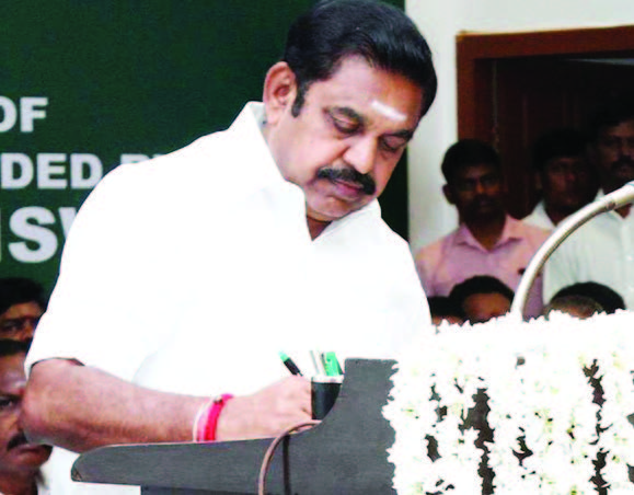 Tamil Nadu chief minister Edappadi K Palaniswami after taking the oath of secrecy administered by governor Vidyasagar Rao during the swearing-in ceremony at Raj Bhavan in Chennai on February 16. Photo courtesy PTI