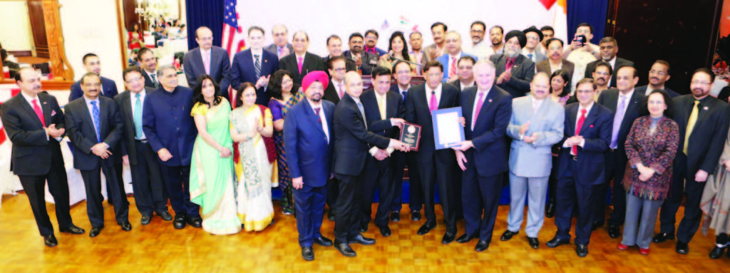 HR Shah is felicitated on conferment on him of Padma Shri, one of the highest civilian awards of India. Seen in the picture are IAPC officials, community leaders and County officials. Photo/ nayaface.com