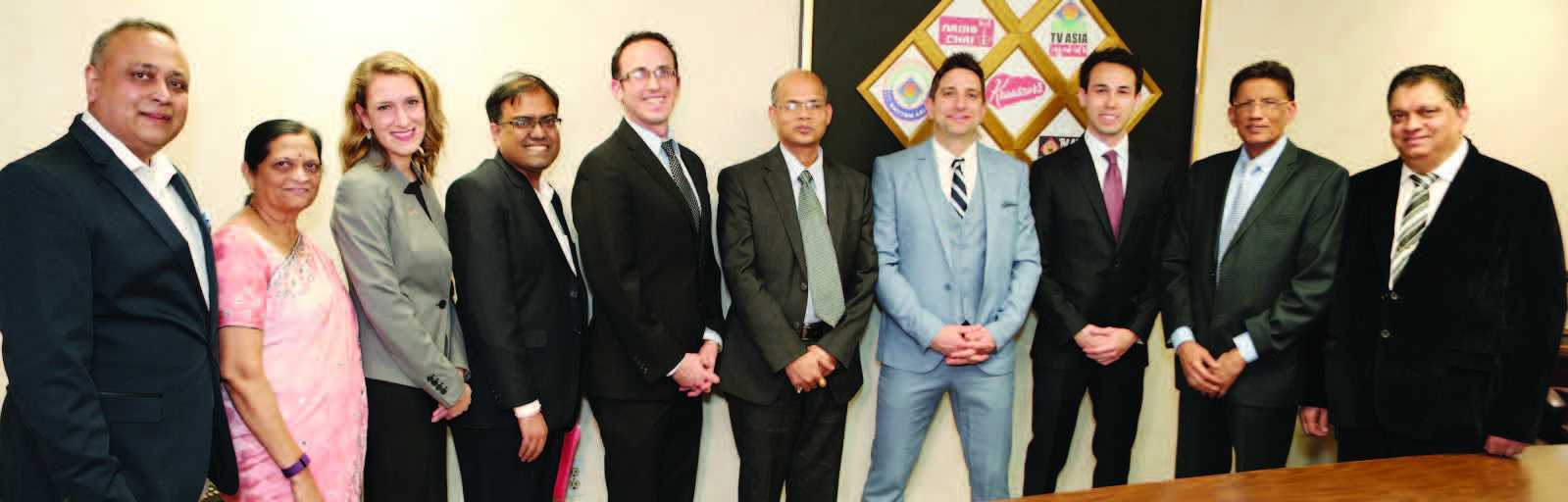 US diplomats and their teacher with Deputy Consul General of India in New York Mr. Manoj Kumar Mohapatra and TV Asia Chairman & CEO Mr. HR Shah at TV Asia Studios, Edison, New Jersey on March 1. Seen in the picture (From L to R): Srujal Parikh, Pushpa Patel, Molly Hollowell, Gaurav Bansal, Michael Rosenthal, Deputy Consul General Manoj Mohapatra, Jay Treloar,Nathaniel Ferrar, HR Shah, and Rajiv Bhambri