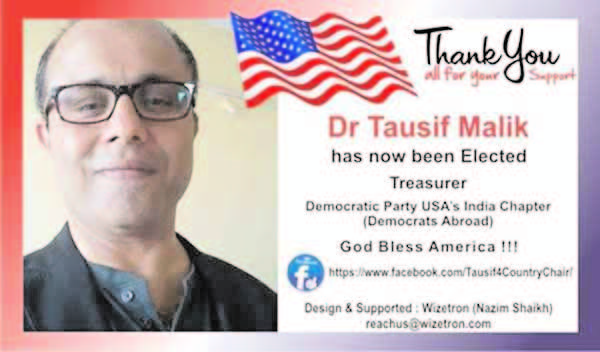 Social Entrepreneur Dr Tausif Malik from Chicago elected Treasurer for Democrats Abroad India